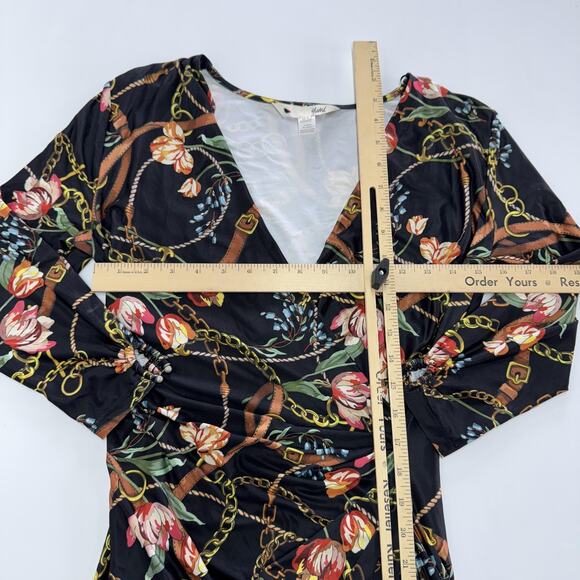 Yumi Dress Womens Small Black Floral Chain Print Long Sleeve Stretch UK 8 US 4 - Picture 6 of 7